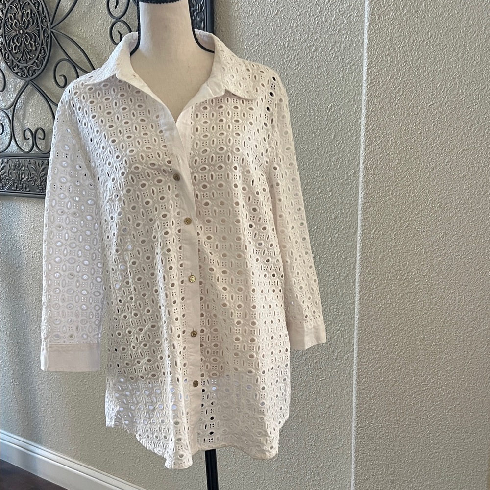 Anne Klein White Eyelet Button-Down Shirt